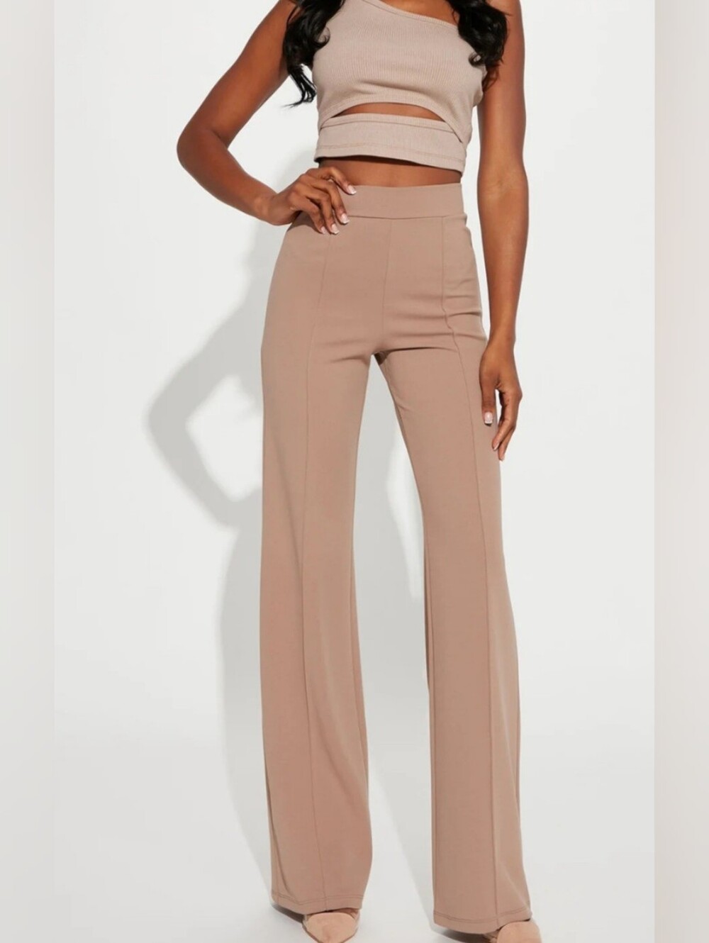 New Fashion Nova Taupe Victoria High Waist Wide-Leg Stretch Dress Pants M
